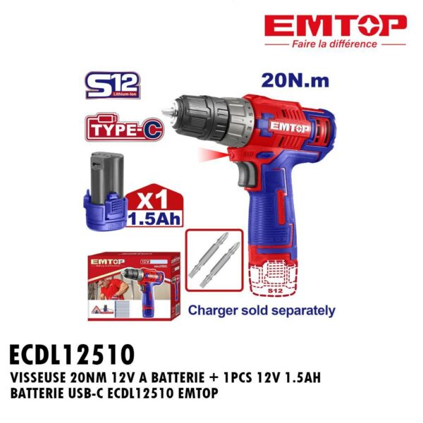 VISSEUSE 20NM 12V A BATTERIE + 1PCS 12V 1.5AH BATTERIE USB-C ECDL12510 EMTOP