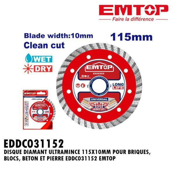 DISQUE DIAMANT ULTRAMINCE 115X10MM POUR BRIQUES, BLOCS, BETON ET PIERRE EDDC031152 EMTOP