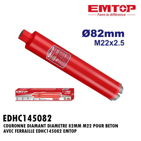 COURONNE DIAMANT DIAMETRE 82MM M22 POUR BETON AVEC FERRAILLE EDHC145082 EMTOP