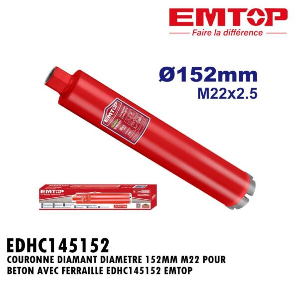 COURONNE DIAMANT DIAMETRE 152MM M22 POUR BETON AVEC FERRAILLE EDHC145152 EMTOP