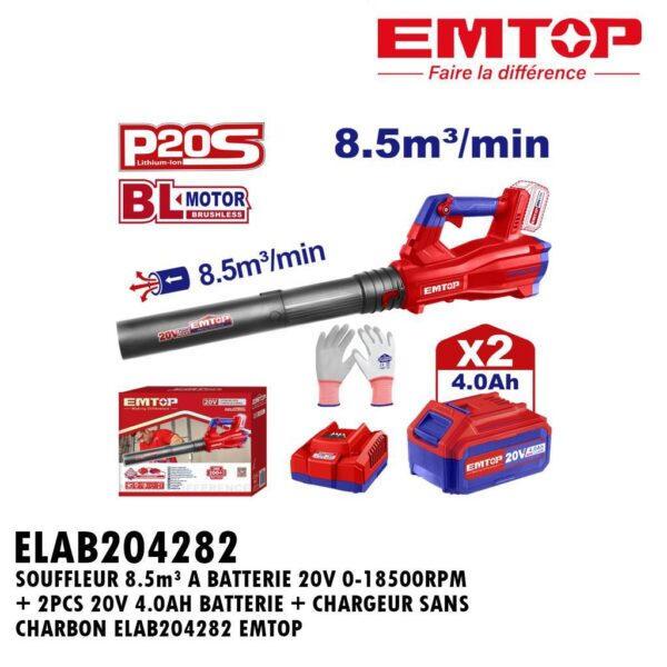 SOUFFLEUR 8.5㎥ A BATTERIE 20V 0-18500RPM + 2PCS 20V 4.0AH BATTERIE + CHARGEUR SANS CHARBON ELAB204282 EMTOP