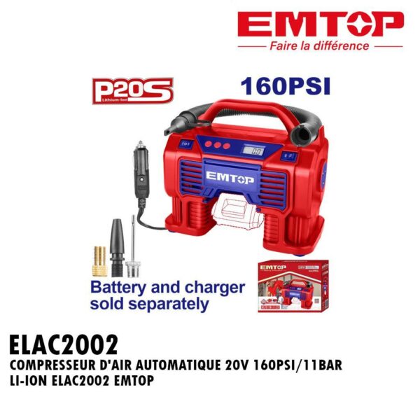 COMPRESSEUR DAIR AUTOMATIQUE 20V 160PSI/11BAR LI-ION ELAC2002 EMTOP