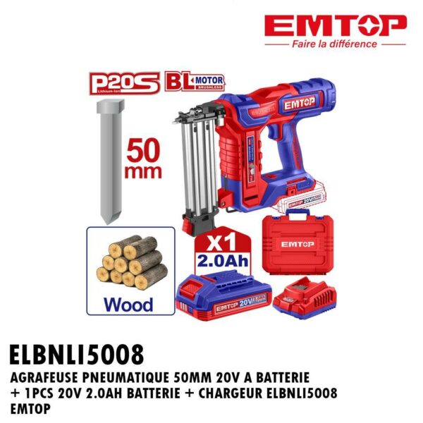 AGRAFEUSE PNEUMATIQUE 50MM 20V A BATTERIE + 1PCS 20V 2.0AH BATTERIE + CHARGEUR ELBNLI5008 EMTOP
