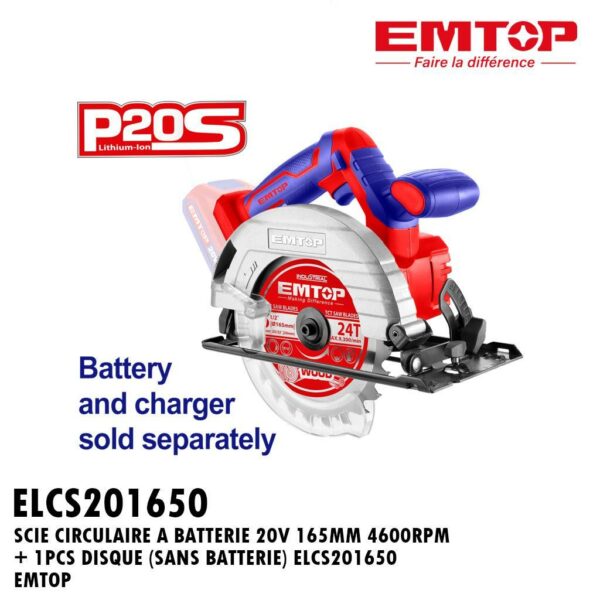 SCIE CIRCULAIRE A BATTERIE 4600RPM 165MM (SANS BATTERIE/CHARGER) ELCS201650 EMTO