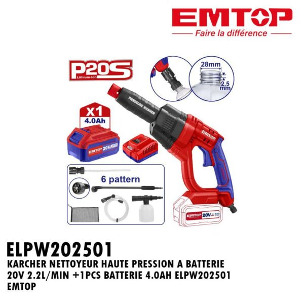 NETTOYEUR HAUTE PRESSION 20V 24.8BAR 2.2L/MIN 4.0AH LI-ION ELPW202501 EMTOP