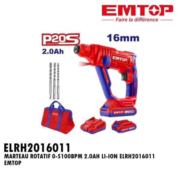 MARTEAU ROTATIF 0-5100BPM 2.0AH LI-ION ELRH2016011 EMTOP