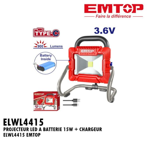 PROJECTEUR LED SANS FIL A BATTERIE 3.6V 2.5H + CHARGEUR + BATTERIE ELWL4415 EMTO