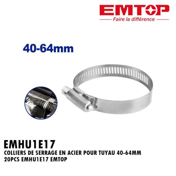 COLLIERS DE SERRAGE EN ACIER POUR TUYAU 40-64MM 20PCS EMHU1E17 EMTOP