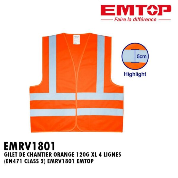 GILET DE CHANTIER ORANGE 120G XL 4 LIGNES (EN471 CLASS 2) EMRV1801 EMTOP