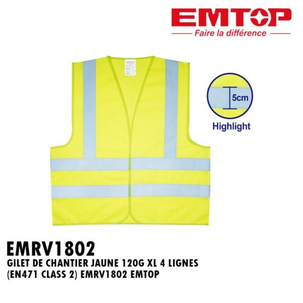 GILET DE CHANTIER JAUNE 120G XL 4 LIGNES (EN471 CLASS 2) EMRV1802 EMTOP