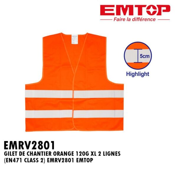 GILET DE CHANTIER ORANGE 120G XL 2 LIGNES (EN471 CLASS 2) EMRV2801 EMTOP