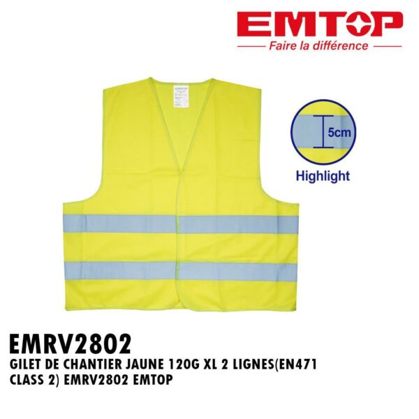 GILET DE CHANTIER JAUNE 120G XL 2 LIGNES(EN471 CLASS 2) EMRV2802 EMTOP