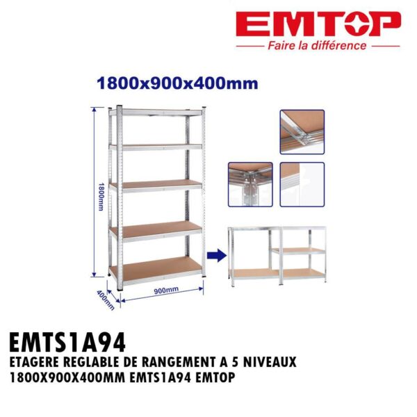 ETAGERE REGLABLE DE RANGEMENT A 5 NIVEAUX 1800X900X400MM EMTS1A94 EMTOP