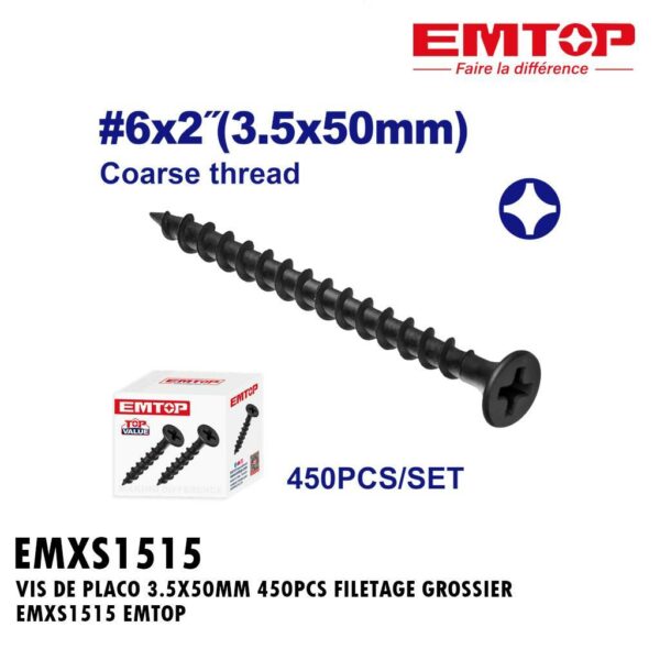 VIS DE PLACO 3.5X50MM 450PCS FILETAGE GROSSIER EMXS1515 EMTOP