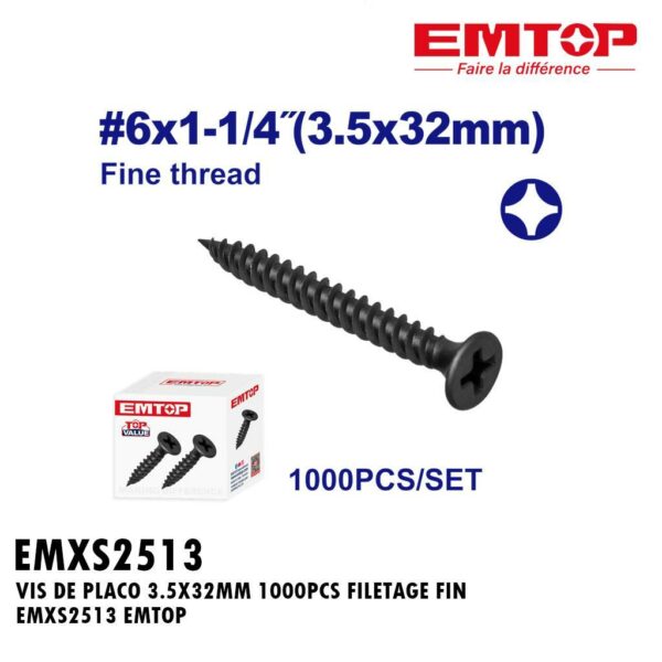VIS DE PLACO 3.5X32MM 1000PCS FILETAGE FIN EMXS2513 EMTOP