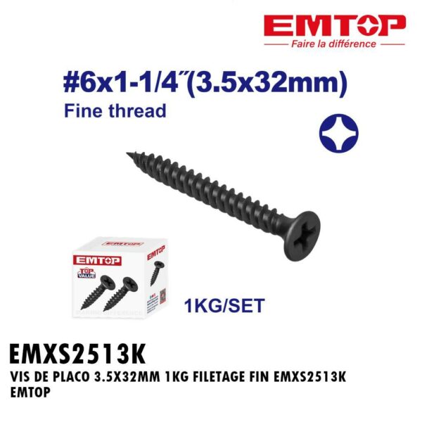 VIS DE PLACO 3.5X32MM 1KG FILETAGE FIN EMXS2513K EMTOP