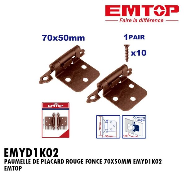 PAUMELLE DE PLACARD ROUGE FONCE 70X50MM EMYD1K02 EMTOP