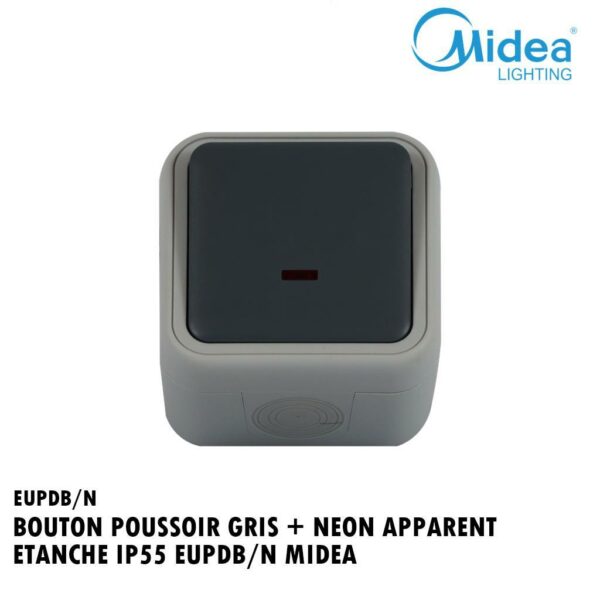 BOUTON POUSSOIR GRIS + NEON APPARENT ETANCHE IP55 EUPDB/N MIDEA