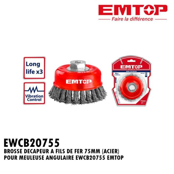 BROSSE DECAPEUR A FILS DE FER 75MM (ACIER) POUR MEULEUSE ANGULAIRE EWCB20755 EMTOP