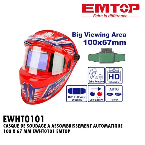 CASQUE DE SOUDAGE A ASSOMBRISSEMENT AUTOMATIQUE 100 X 67 MM EWHT0101 EMTOP