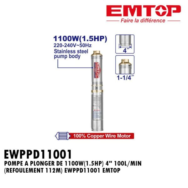 POMPE DE PUITS PROFOND DE 4" 1100W(1.5HP) 6.0M³/H EWPPD11001 EMTOP