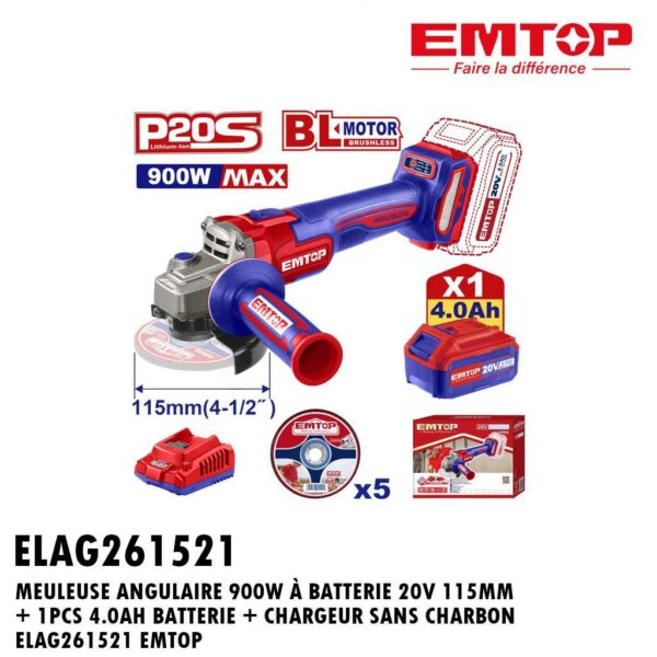 MEULEUSE ANGULAIRE 900W A BATTERIE 20V 115MM + 1PCS 4.0AH BATTERIE + CHARGEUR SANS CHARBON ELAG261521 EMTOP