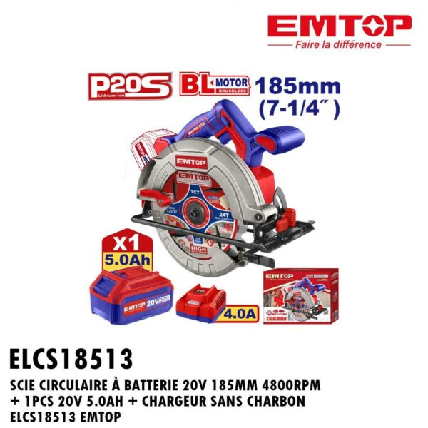 SCIE CIRCULAIRE A BATTERIE 20V 185MM 4800RPM + 1PCS 20V 5.0AH + CHARGEUR SANS CHARBON ELCS18513 EMTOP