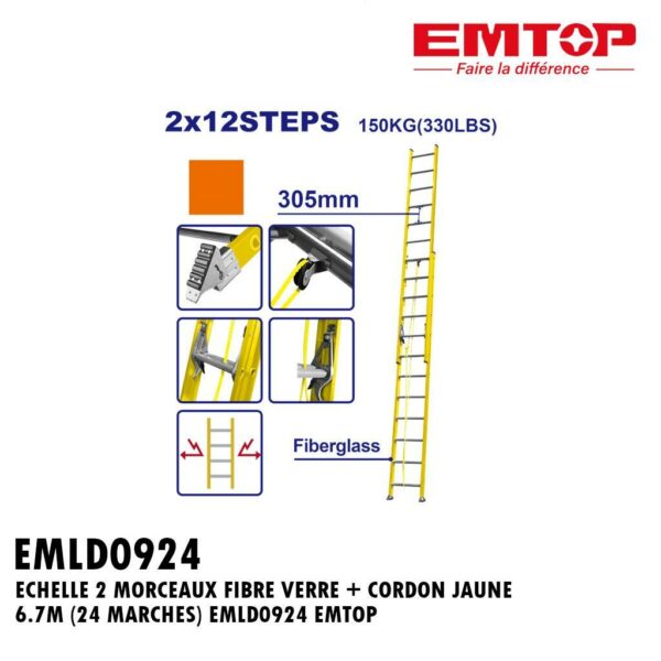 ECHELLE 2 MORCEAUX FIBRE VERRE + CORDON JAUNE 6.7M (24 MARCHES) EMLD0924 EMTOP