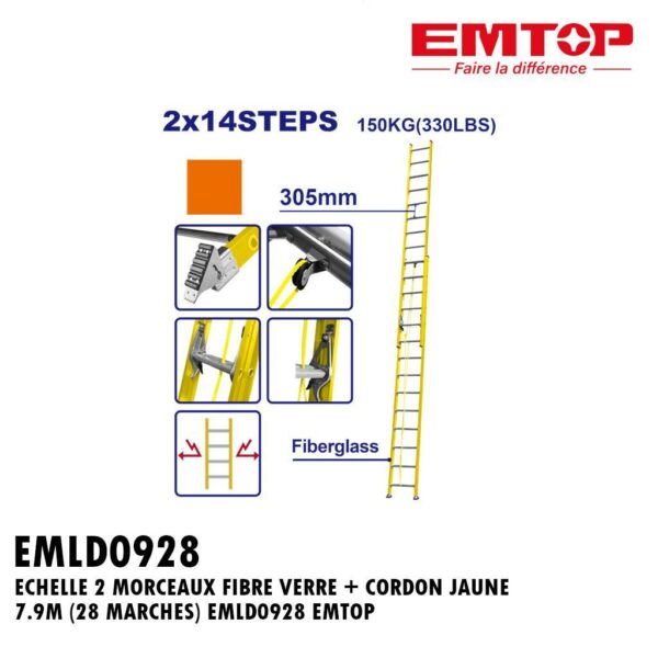 ECHELLE 2 MORCEAUX FIBRE VERRE + CORDON JAUNE 7.9M (28 MARCHES) EMLD0928 EMTOP