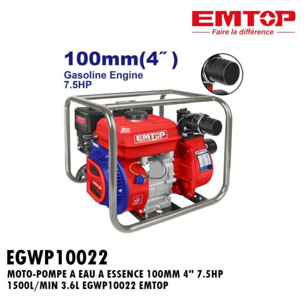 MOTO-POMPE A EAU A ESSENCE 100MM 4" 7.5HP 1500L/MIN 3.6L EGWP10022 EMTOP