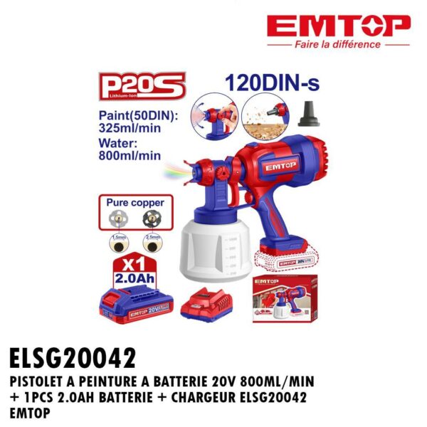 PISTOLET A PEINTURE A BATTERIE 20V 800ML/MIN + 1PCS 2.0AH BATTERIE + CHARGEUR ELSG20042 EMTOP
