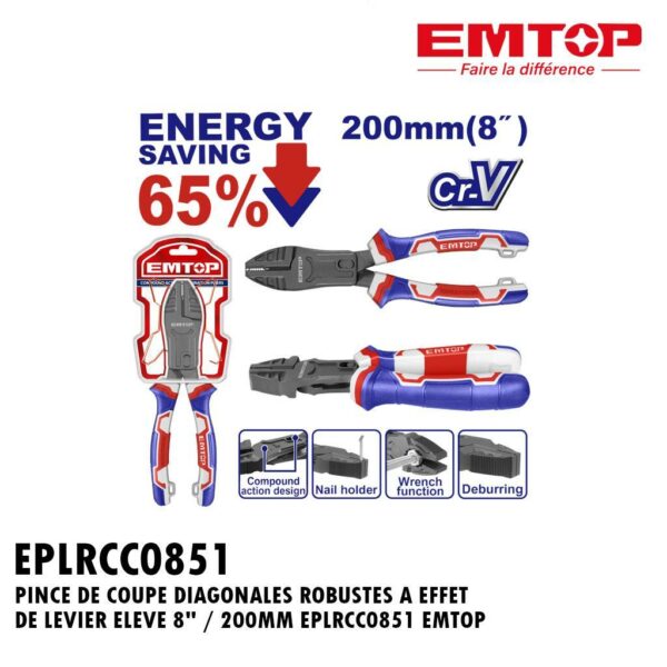 PINCE DE COUPE DIAGONALES ROBUSTES A EFFET DE LEVIER ELEVE 8" / 200MM EPLRCC0851 EMTOP