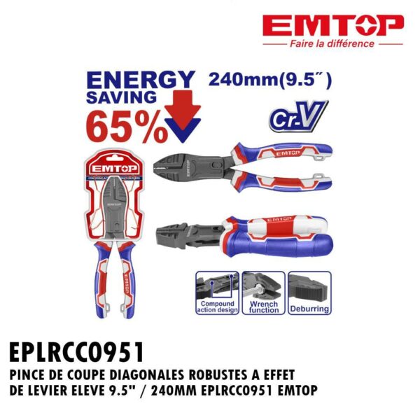 PINCE DE COUPE DIAGONALES ROBUSTES A EFFET DE LEVIER ELEVE 9.5" / 240MM EPLRCC0951 EMTOP