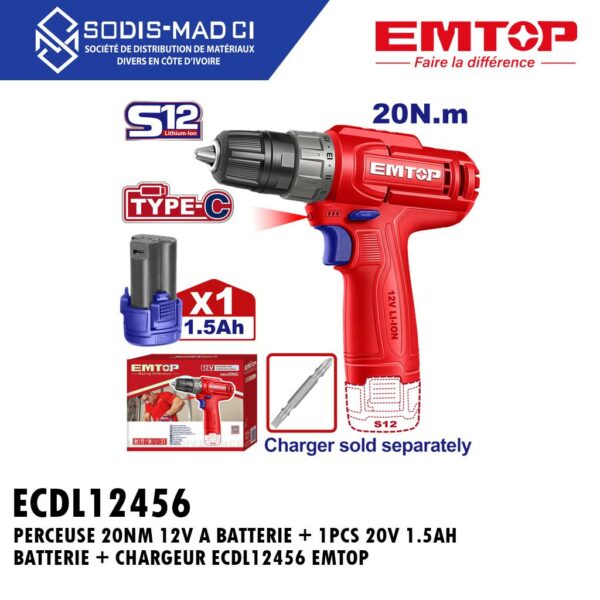 PERCEUSE 20NM 12V A BATTERIE + 1PCS 20V 1.5AH BATTERIE + CHARGEUR ECDL12456 EMTOP