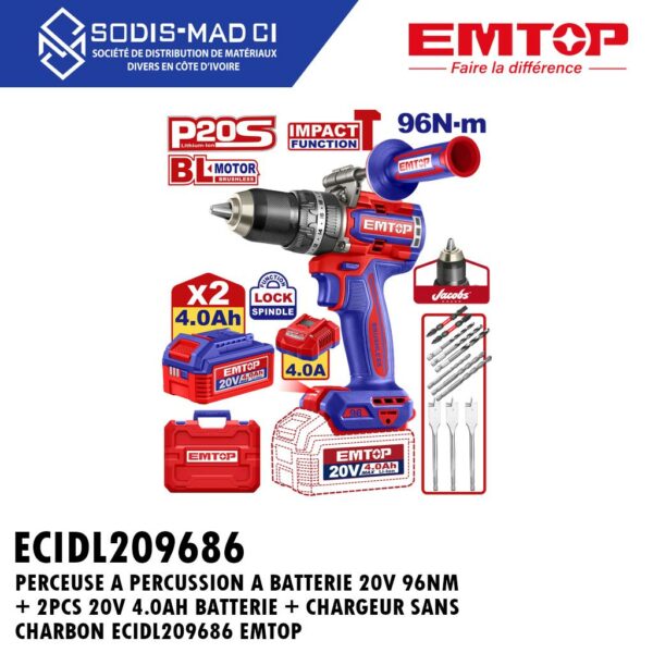 PERCEUSE A PERCUSSION A BATTERIE 20V 96NM + 2PCS 20V 4.0AH BATTERIE + CHARGEUR SANS CHARBON ECIDL209686 EMTOP