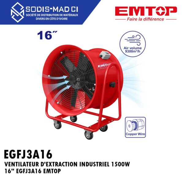 VENTILATEUR D'EXTRACTION INDUSTRIEL 1500W 16" 2.0HP EGFJ3A16 EMTOP