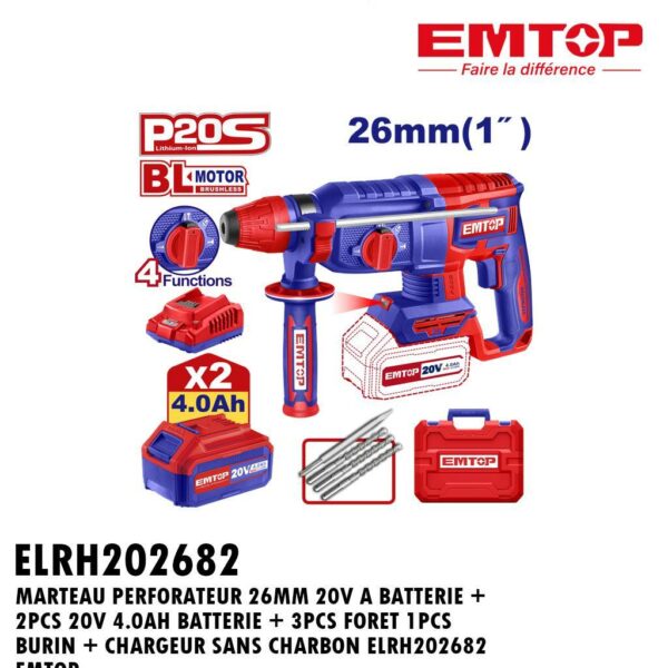 MARTEAU PERFORATEUR 26MM 20V A BATTERIE + 2PCS 20V 4.0AH BATTERIE + 3PCS FORET 1PCS BURIN + CHARGEUR SANS CHARBON ELRH202682 EMTOP