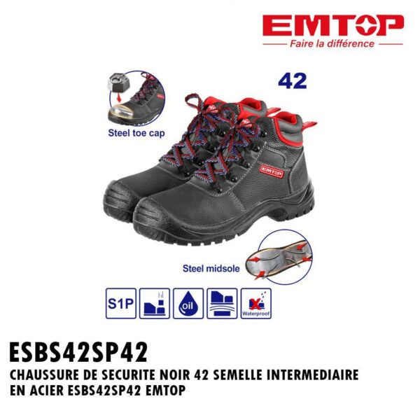 CHAUSSURE DE SECURITE NOIR 42 SEMELLE INTERMEDIAIRE EN ACIER ESBS42SP42 EMTOP
