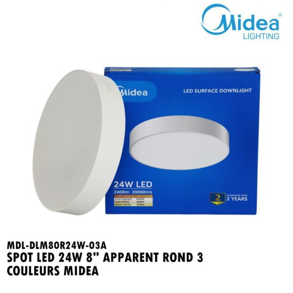 SPOT LED 24W 8" APPARENT ROND 3 COULEURS MIDEA