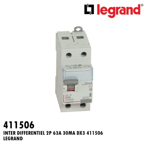 INTER DIFFERENTIEL 2P 63A 30MA DX3 411506 LEGRAND