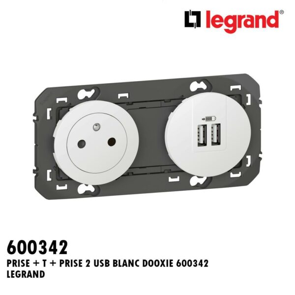 PRISE + T + PRISE 2 USB BLANC DOOXIE 600342 LEGRAND