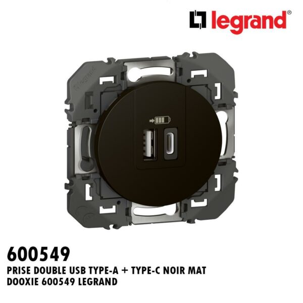 PRISE DOUBLE USB TYPE-A + TYPE-C NOIR MAT DOOXIE 600549 LEGRAND