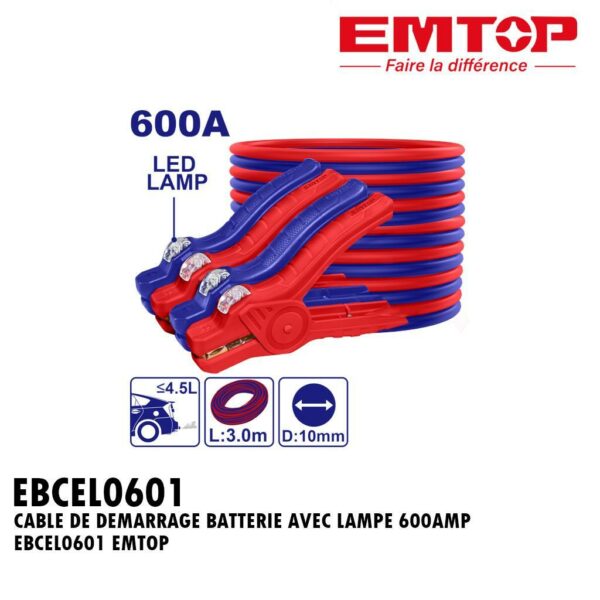 CABLE DE DEMARRAGE BATTERIE AVEC LAMPE 600AMP EBCEL0601 EMTOP