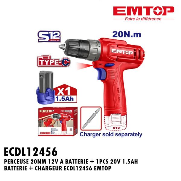 PERCEUSE 20NM 12V A BATTERIE + 1PCS 20V 1.5AH BATTERIE + CHARGEUR ECDL12456 EMTOP