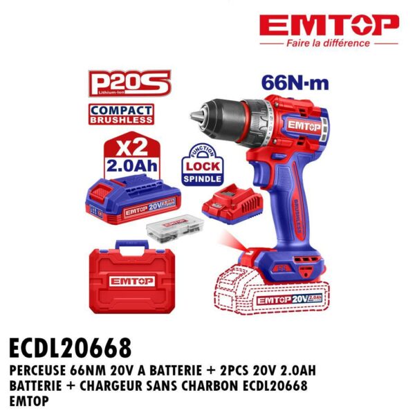 PERCEUSE 66NM 20V A BATTERIE + 2PCS 20V 2.0AH BATTERIE + CHARGEUR SANS CHARBON EMTOP ECDL20668 EMTOP
