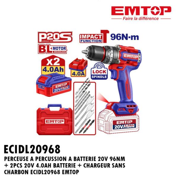PERCEUSE A PERCUSSION A BATTERIE 20V 96NM + 2PCS 20V 4.0AH BATTERIE + CHARGEUR SANS CHARBON ECIDL20968 EMTOP