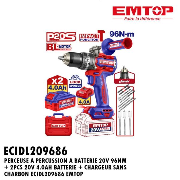 PERCEUSE A PERCUSSION A BATTERIE 20V 96NM + 2PCS 20V 4.0AH BATTERIE + CHARGEUR SANS CHARBON ECIDL209686 EMTOP