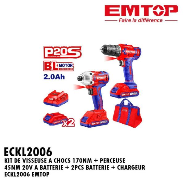 KIT DE VISSEUSE A CHOCS 170NM + PERCEUSE 45NM 20V A BATTERIE + 2PCS BATTERIE + CHARGEUR ECKL2006 EMTOP