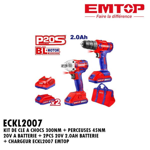KIT DE CLE A CHOCS 300NM + PERCEUSES 45NM 20V A BATTERIE + 2PCS 20V 2.0AH BATTERIE + CHARGEUR ECKL2007 EMTOP