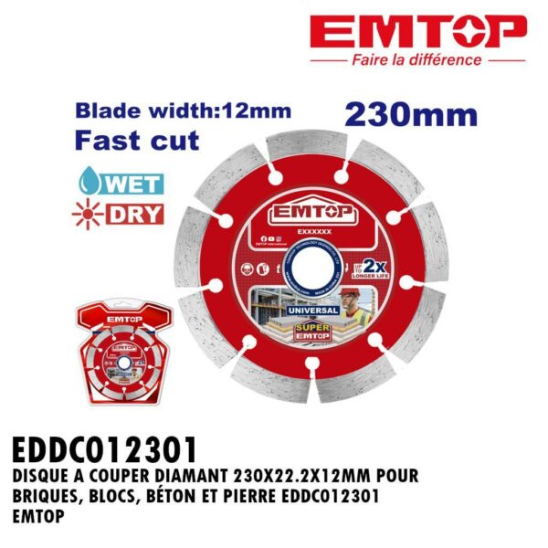 DISQUE DIAMANT 230X22.2X12MM POUR BRIQUES. BLOCS. BÉTON ET PIERRE EDDC012301 EMTOP
